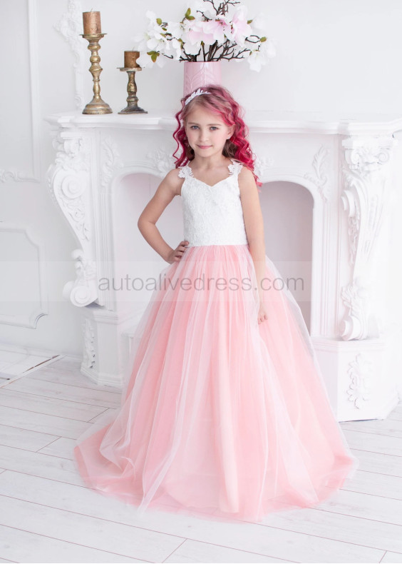 Ivory Lace Coral Pink Tulle Wedding Flower Girl Dress